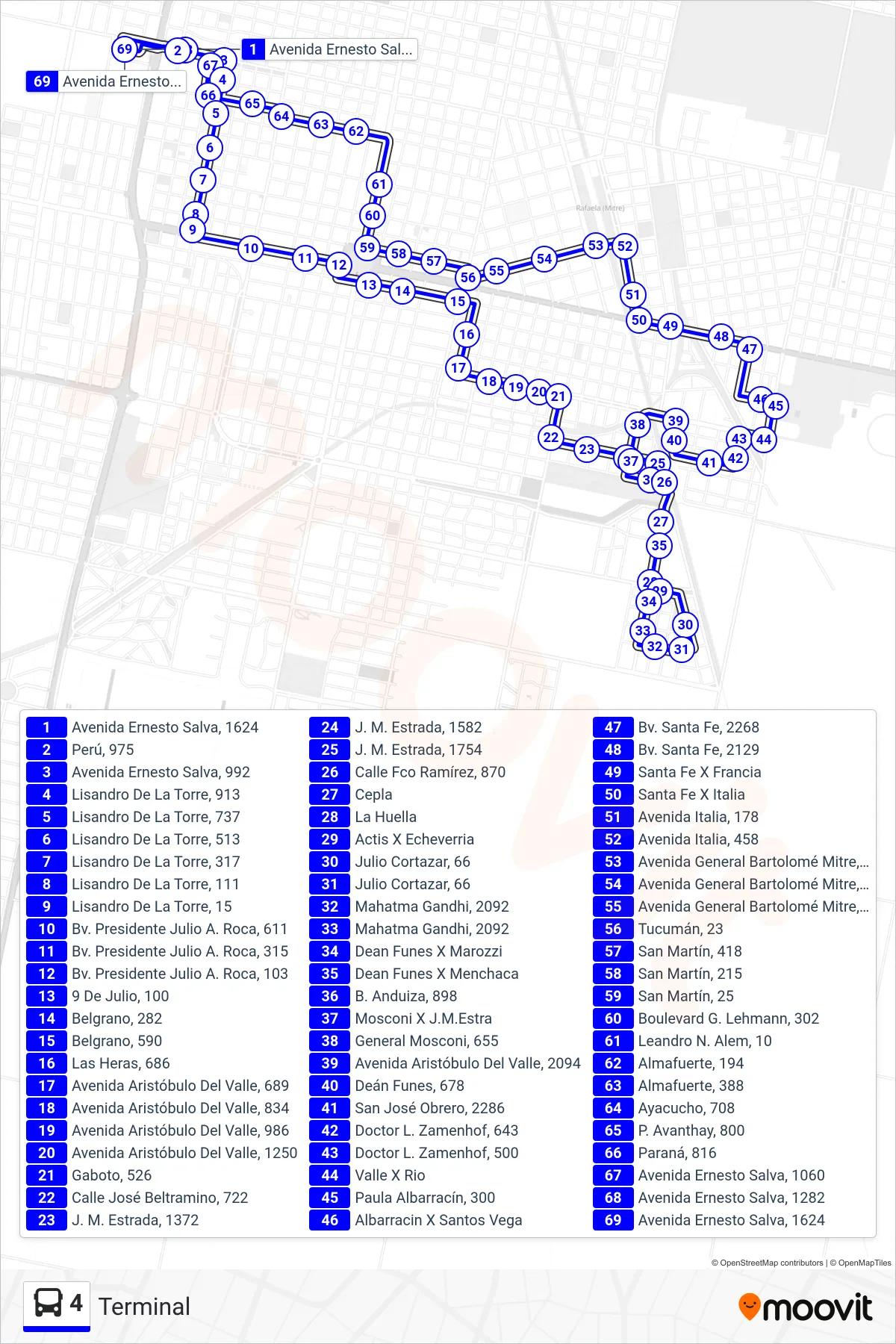 Recorrido y paradas de la línea 4 de autobús (Terminal) en el mapa