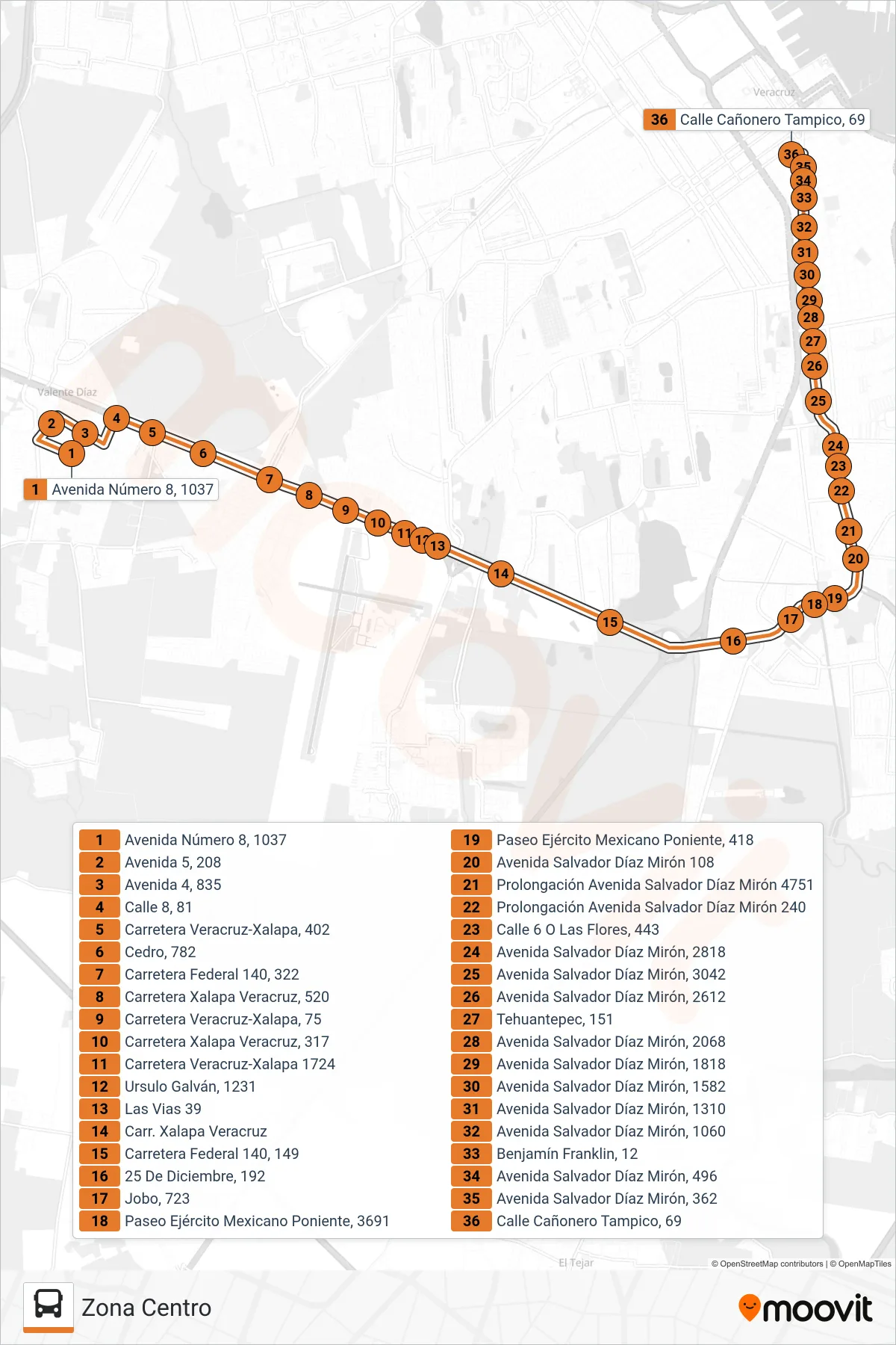 PROGRESO bus Line (Zona Centro) route and stops on a map