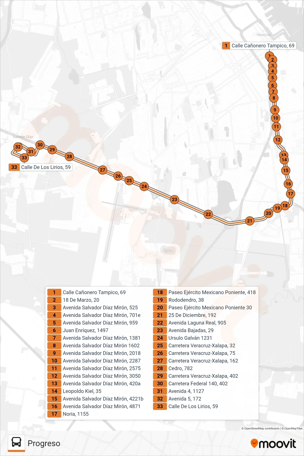 PROGRESO bus Line (Progreso) route and stops on a map