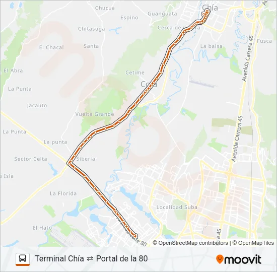 TERMINAL CHÍA ⇄ PORTAL DE LA 80 Bus Line Map