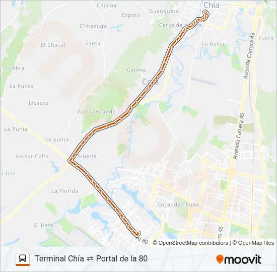 TERMINAL CHÍA ⇄ PORTAL DE LA 80 Bus Line Map