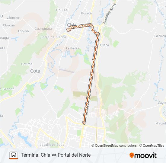 Mapa de TERMINAL CHÍA ⇄ PORTAL DEL NORTE de SITP