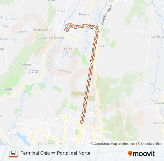Mapa de TERMINAL CHÍA ⇄ PORTAL DEL NORTE de autobús