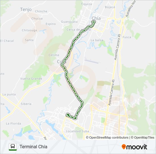 Mapa de TERMINAL CHÍA ⇄ COTA - SUBA de autobús
