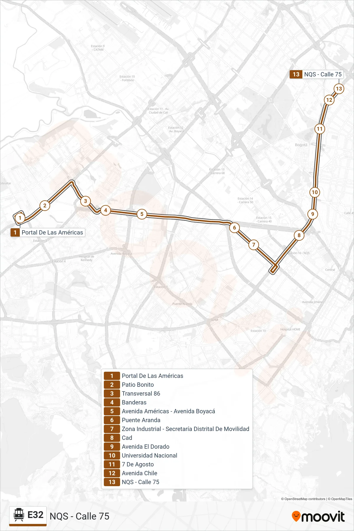 E32 cable car Line (NQS - Calle 75) route and stops on a map