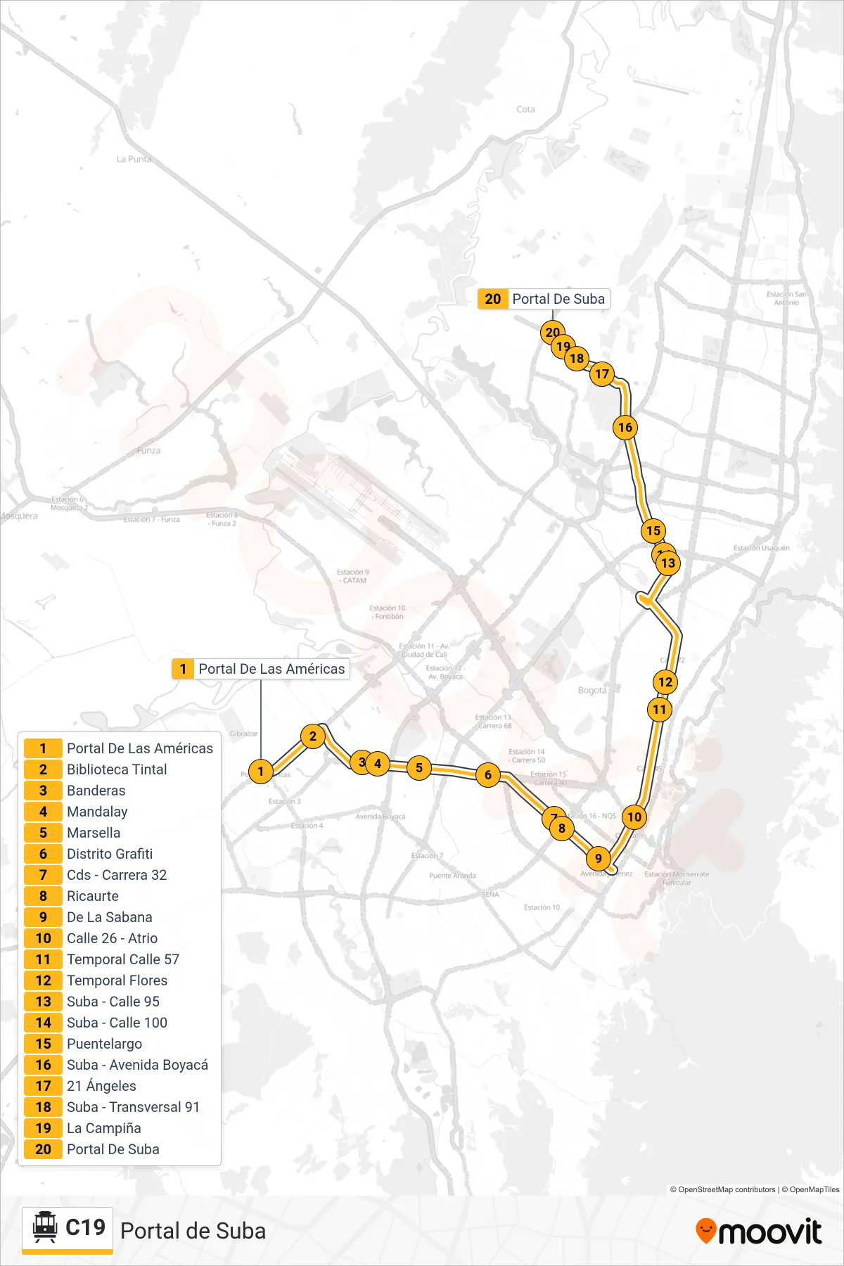 C19 cable car Line (Portal De Suba) route and stops on a map