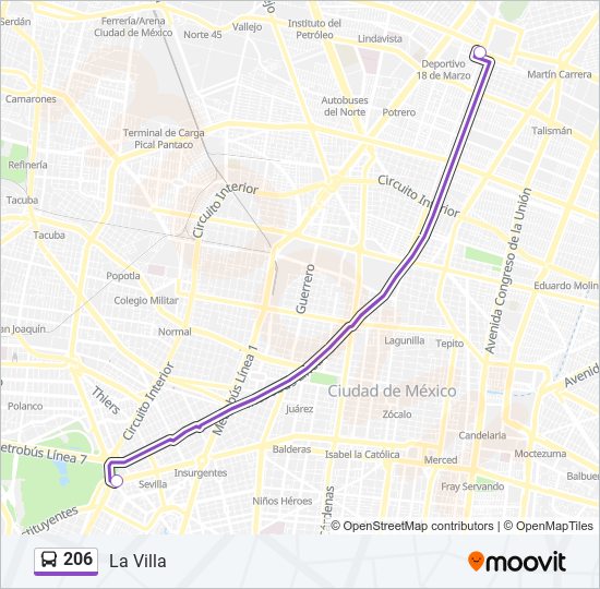 Mapa de 206 de autobús