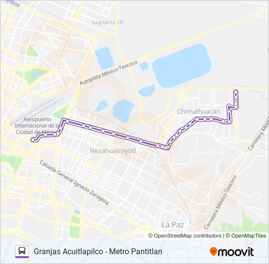 Mapa de GRANJAS ACUITLAPILCO - METRO PANTITLÁN de autobús