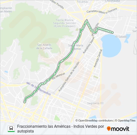 Mapa de FRACCIONAMIENTO LAS AMÉRICAS - INDIOS VERDES POR AUTOPISTA de autobús