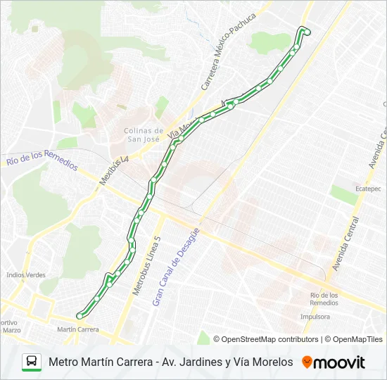 METRO MARTÍN CARRERA - AV. JARDINES Y VÍA MORELOS Bus Line Map