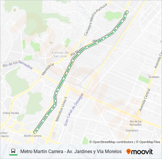 METRO MARTÍN CARRERA - AV. JARDINES Y VÍA MORELOS bus Line Map