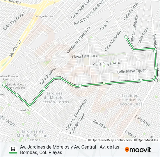 AV. JARDINES DE MORELOS Y AV. CENTRAL - AV. DE LAS BOMBAS, COL. PLAYAS Bus Line Map