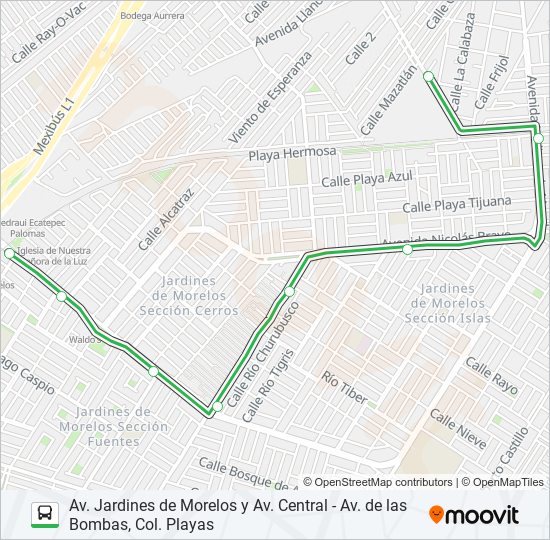 Mapa de AV. JARDINES DE MORELOS Y AV. CENTRAL - AV. DE LAS BOMBAS, COL. PLAYAS de autobús