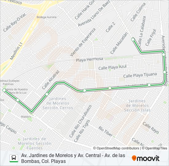 AV. JARDINES DE MORELOS Y AV. CENTRAL - AV. DE LAS BOMBAS, COL. PLAYAS bus Line Map