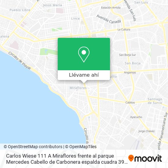 Mapa de Carlos Wiese 111 A  Miraflores  frente al parque Mercedes Cabello de Carbonera  espalda cuadra 39 d
