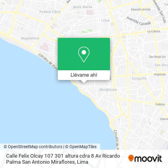 Mapa de Calle Felix Olcay   107   301   altura cdra 8 Av  Ricardo Palma  San Antonio   Miraflores