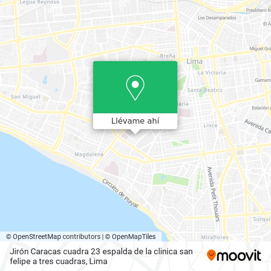 Mapa de Jirón Caracas cuadra 23 espalda de la clinica san felipe a tres cuadras