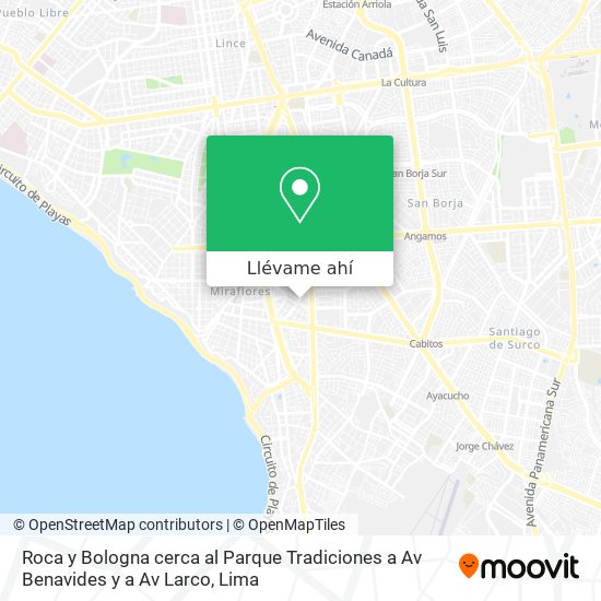 Mapa de Roca y Bologna  cerca al Parque Tradiciones  a Av Benavides y a Av Larco