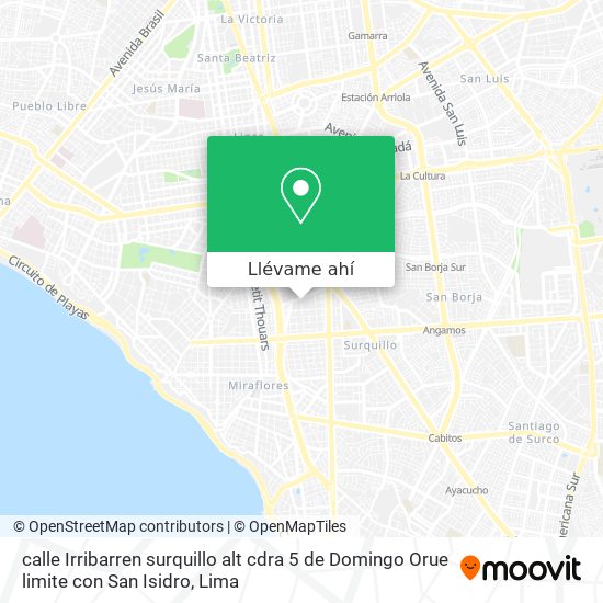 Mapa de calle Irribarren surquillo  alt cdra 5 de Domingo Orue limite con San Isidro