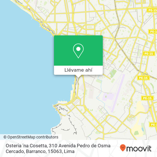 Mapa de Osteria 'na Cosetta, 310 Avenida Pedro de Osma Cercado, Barranco, 15063