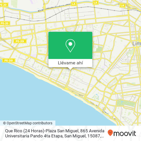 Mapa de Que Rico (24 Horas)-Plaza San Miguel, 865 Avenida Universitaria Pando 4ta Etapa, San Miguel, 15087