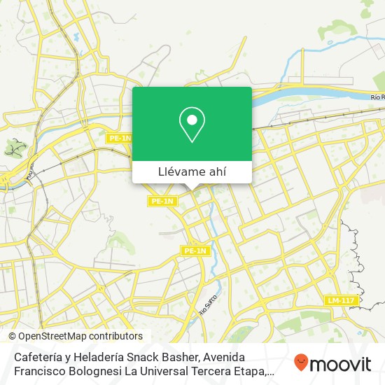 Mapa de Cafetería y Heladería Snack Basher, Avenida Francisco Bolognesi La Universal Tercera Etapa, Santa Anita, 15008