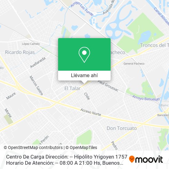 Mapa de Centro De Carga   Dirección: -- Hipólito Yrigoyen 1757    Horario De Atención: -- 08:00 A 21:00 Hs