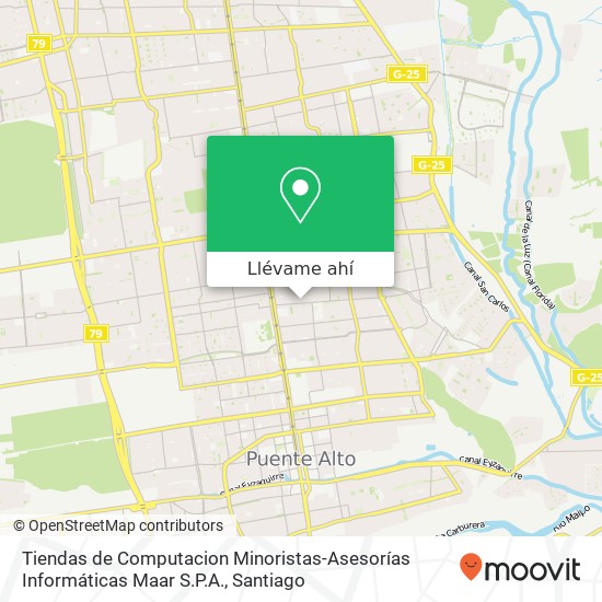 Mapa de Tiendas de Computacion Minoristas-Asesorías Informáticas Maar S.P.A., Calle Miguel Covarrubias 8150000 Puente Alto, Puente Alto, Región Metropolitana de Santiago