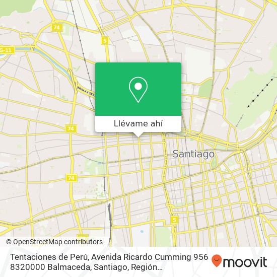 Mapa de Tentaciones de Perú, Avenida Ricardo Cumming 956 8320000 Balmaceda, Santiago, Región Metropolitana de Santiago