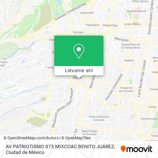 Mapa de AV PATRIOTISMO 875  MIXCOAC  BENITO JUÁREZ