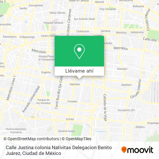 Mapa de Calle Justina  colonia Nativitas  Delegacion Benito Juárez