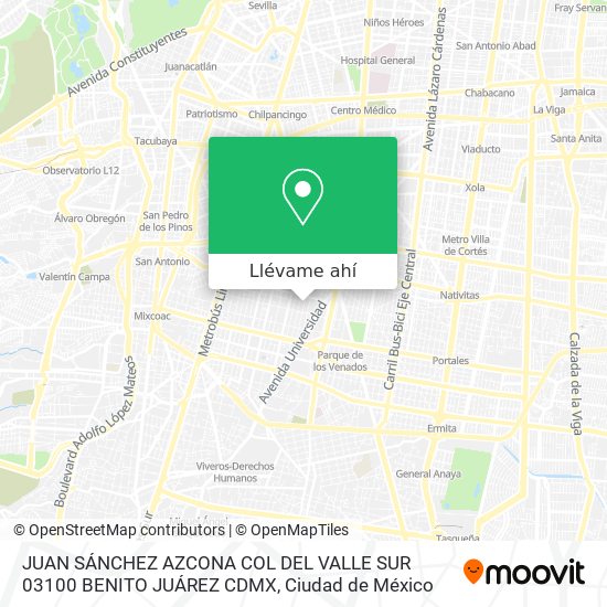 Mapa de JUAN SÁNCHEZ AZCONA   COL  DEL VALLE SUR  03100 BENITO JUÁREZ CDMX