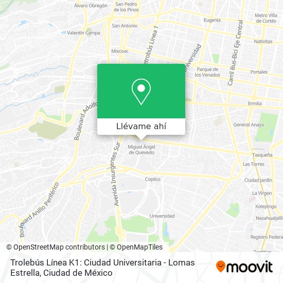 Mapa de Trolebús Línea K1: Ciudad Universitaria - Lomas Estrella