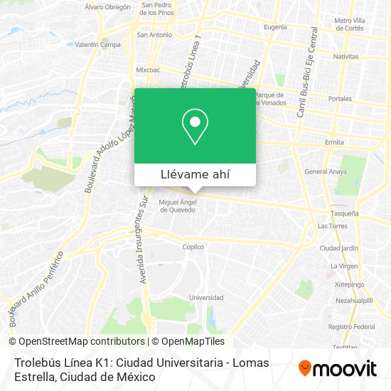 Mapa de Trolebús Línea K1: Ciudad Universitaria - Lomas Estrella