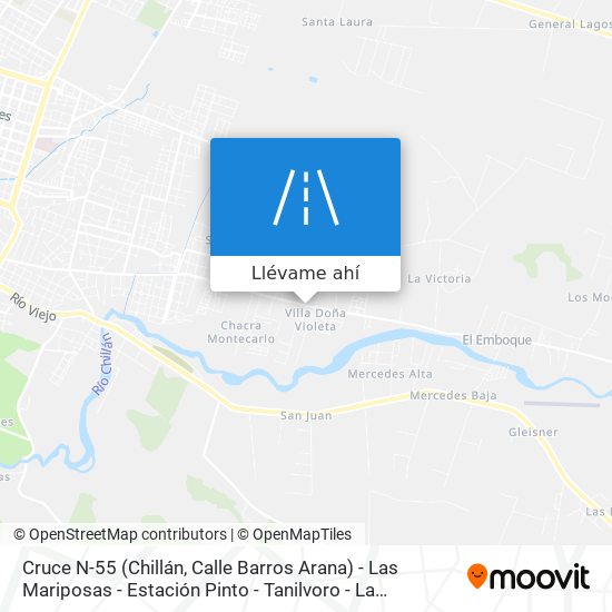Mapa de Cruce N-55 (Chillán, Calle Barros Arana) - Las Mariposas - Estación Pinto - Tanilvoro - La Esperanza