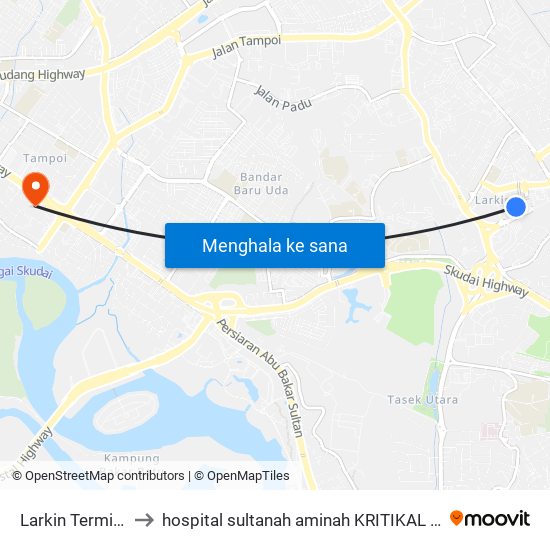 Larkin Sentral (46239) to hospital sultanah aminah KRITIKAL ZON map