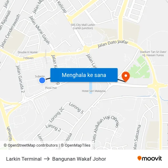 Larkin Terminal to Bangunan Wakaf Johor map