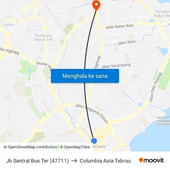 Jb Sentral Bus Ter (47711) to Columbia Asia Tebrau map