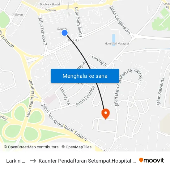 Larkin Terminal to Kaunter Pendaftaran Setempat,Hospital Sultanah Aminah,Johor Bahru map