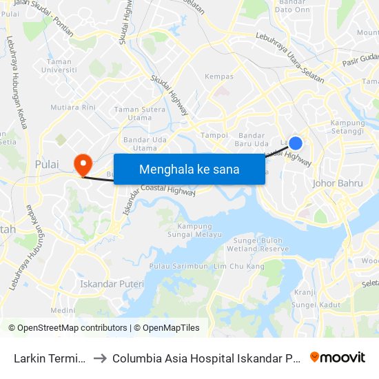 Larkin Terminal to Columbia Asia Hospital Iskandar Puteri map