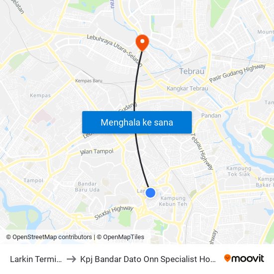 Larkin Terminal to Kpj Bandar Dato Onn Specialist Hospital map