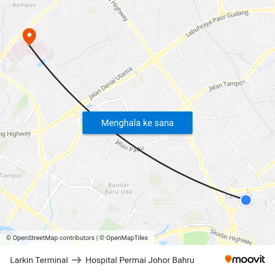 Larkin Terminal to Hospital Permai Johor Bahru map