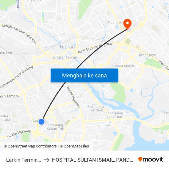 Larkin Terminal to HOSPITAL SULTAN ISMAIL, PANDAN map