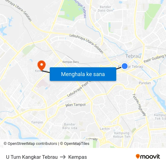 U Turn Kangkar Tebrau to Kempas map
