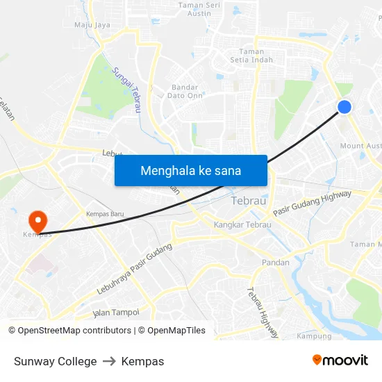 Sunway College to Kempas map