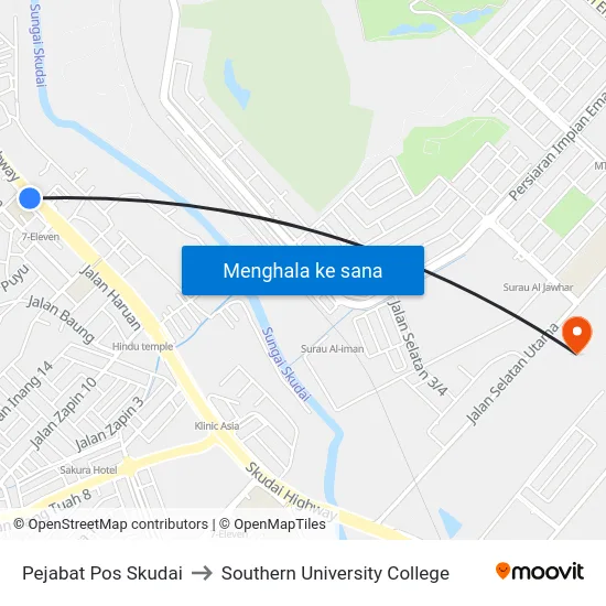 Pejabat Pos Skudai to Southern University College map