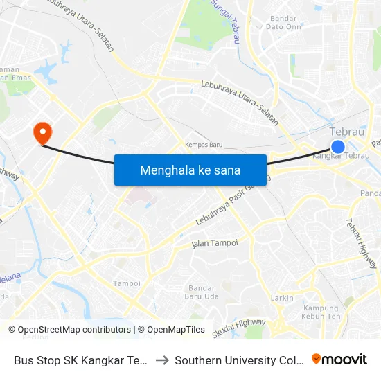 Bus Stop SK Kangkar Tebrau to Southern University College map