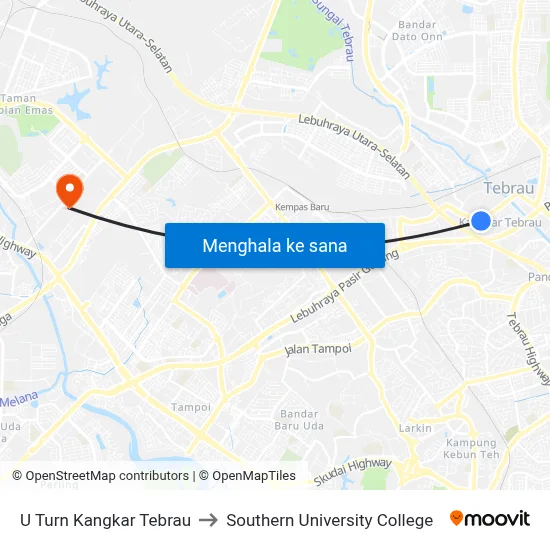 U Turn Kangkar Tebrau to Southern University College map