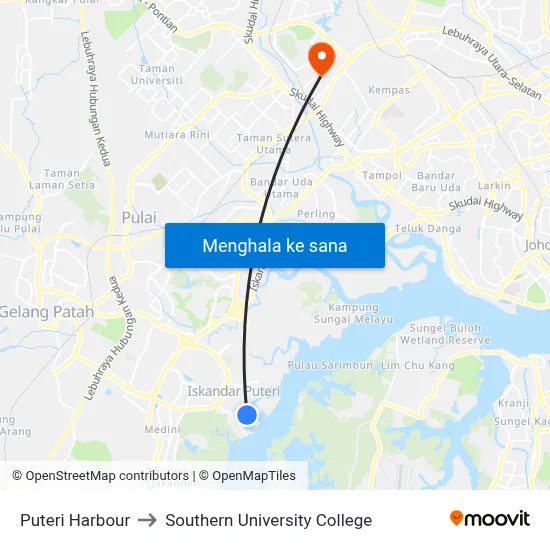 Puteri Harbour to Southern University College map