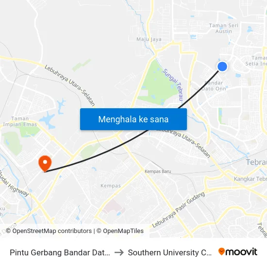 Pintu Gerbang Bandar Dato' Onn to Southern University College map